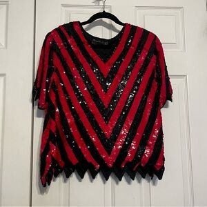 Royal Feelings Vintage Black Red Sequin 100% Silk New Year's Holiday Party Top L